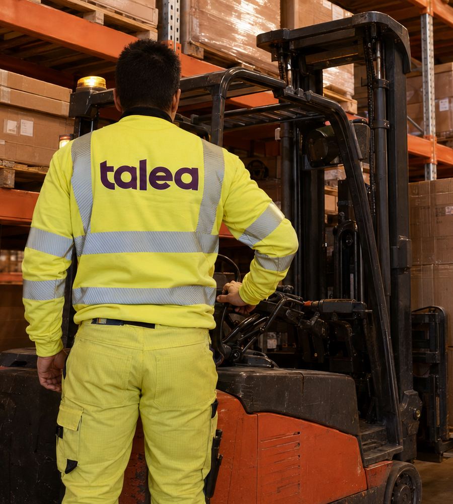Truckförare från Talea i varselkläder med talea-loggan på ryggen kontrollerar en pall i ett lager